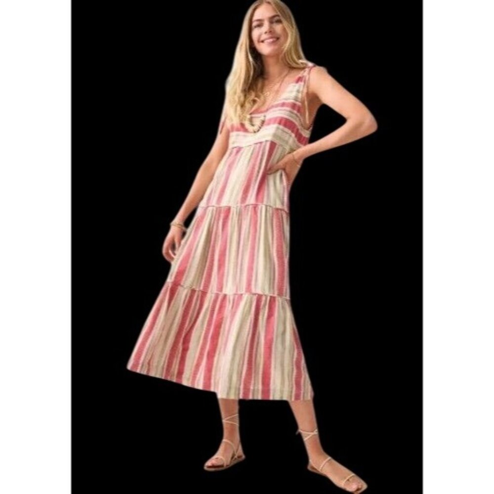 Faherty Lanai Tiered Stripe Tie Shoulder Cotton Blend Dress Layer Cottage M